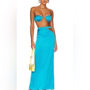 camila coelho revolve Aqua Blue Satin Skirt With Matching Top Set
